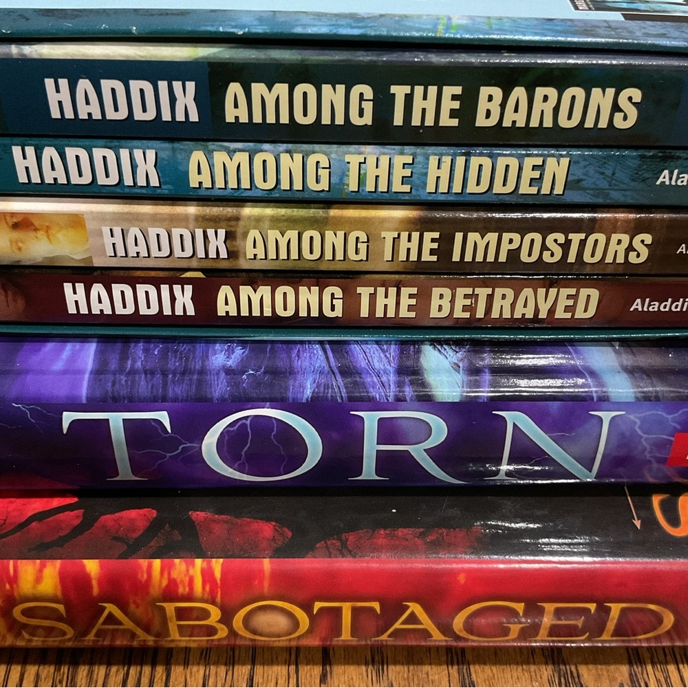 6 Margaret Peterson Haddix:TORN book 4, SABOTAGE book 5, & 4 SHADOW CHILDREN